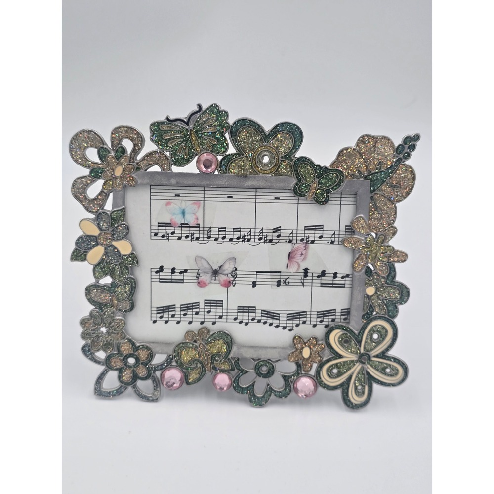 Vintage Y2K Ornate Jeweled Butterfly Metal Picture Frame Green Pink Glitter